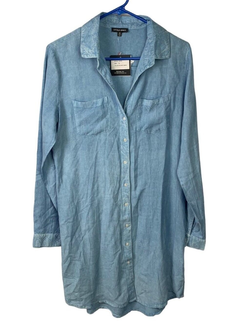 STYLE ENVY Womens Medium Blue Bleach Wash Shirt Button Down Dress Long Sleeve